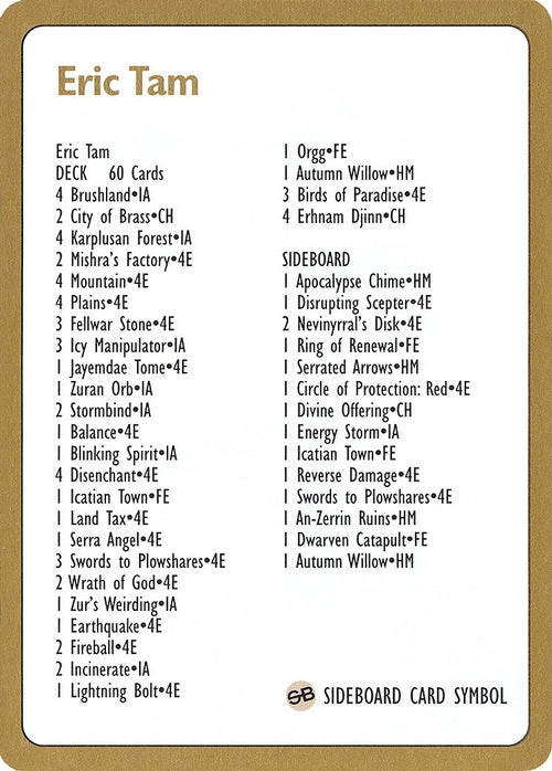 Image for 1996 Eric Tam Decklist Card (World Championship Decks) - Magic: The Gathering