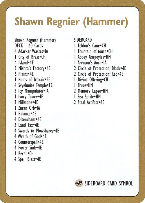 Image for 1996 Shawn "Hammer" Regnier Decklist Card (World Championship Decks) - Magic: The Gathering
