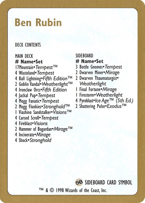 Image for 1998 Ben Rubin Decklist Card (World Championship Decks) - Magic: The Gathering