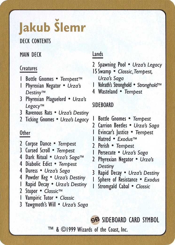 Image for 1999 Jakub Slemr Decklist Card (World Championship Decks) - Magic: The Gathering