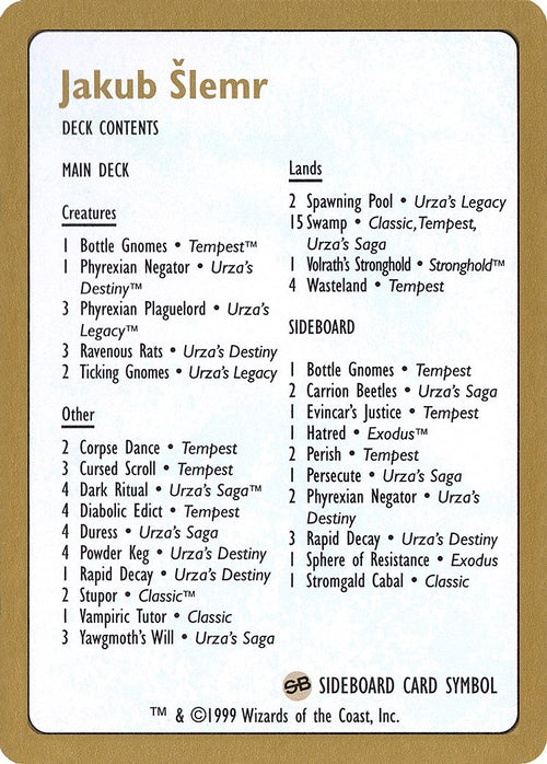 Image for 1999 Jakub Slemr Decklist Card (World Championship Decks) - Magic: The Gathering