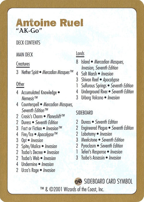 Image for 2001 Antoine Ruel Decklist Card (World Championship Decks) - Magic: The Gathering
