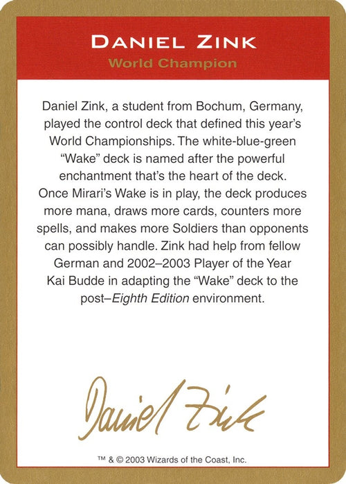 Image for 2003 Daniel Zink Biography Card (World Championship Decks) - Magic: The Gathering