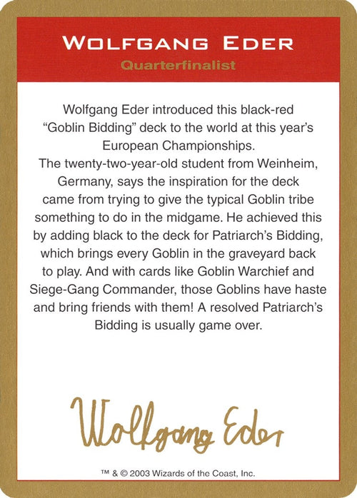 Image for 2003 Wolfgang Eder Biography Card (World Championship Decks) - Magic: The Gathering