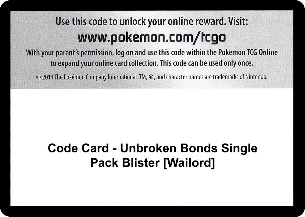 Image for Code Card - Unbroken Bonds Single Pack Blister [Wailord] (SM10) - Pokemon