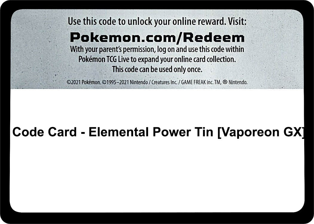 Image for Code Card - Elemental Power Tin [Vaporeon GX] (MCAP) - Pokemon