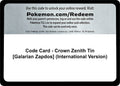 Image for Code Card - Crown Zenith Tin [Galarian Zapdos] (International Version) (CRZ) - Pokemon