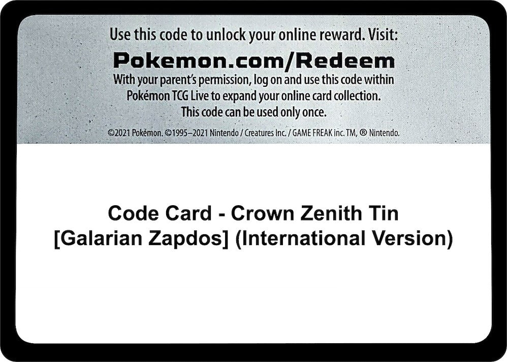 Image for Code Card - Crown Zenith Tin [Galarian Zapdos] (International Version) (CRZ) - Pokemon