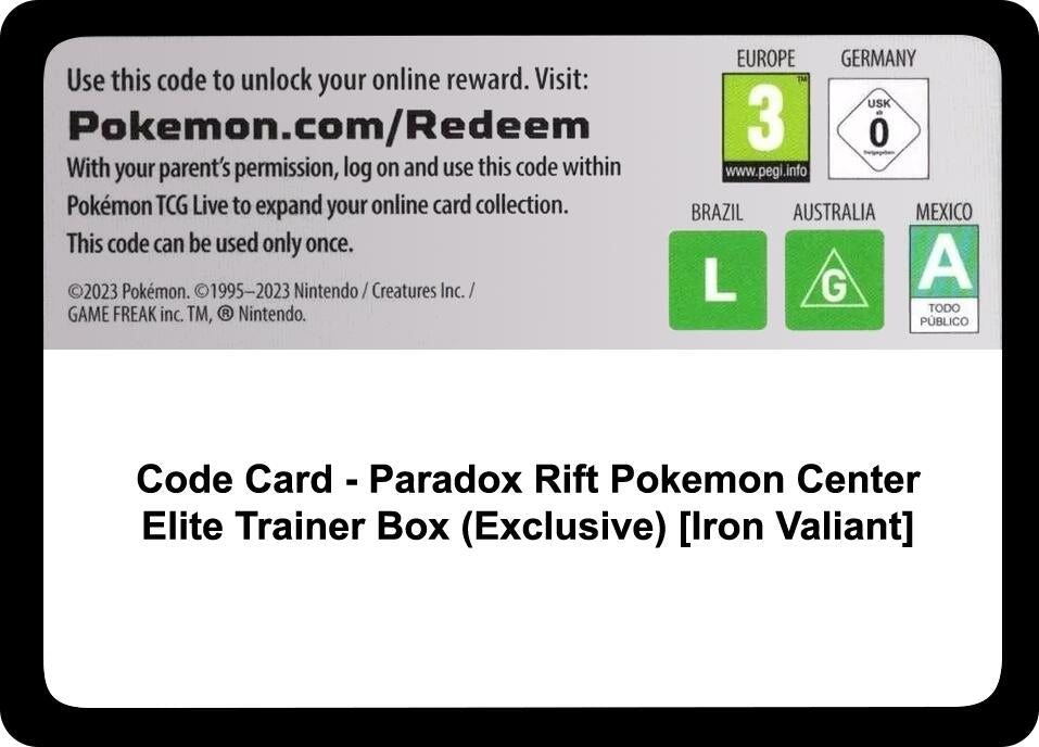 Image for Code Card - Paradox Rift Pokemon Center Elite Trainer Box (Exclusive) [Iron Valiant] (PAR) - Pokemon