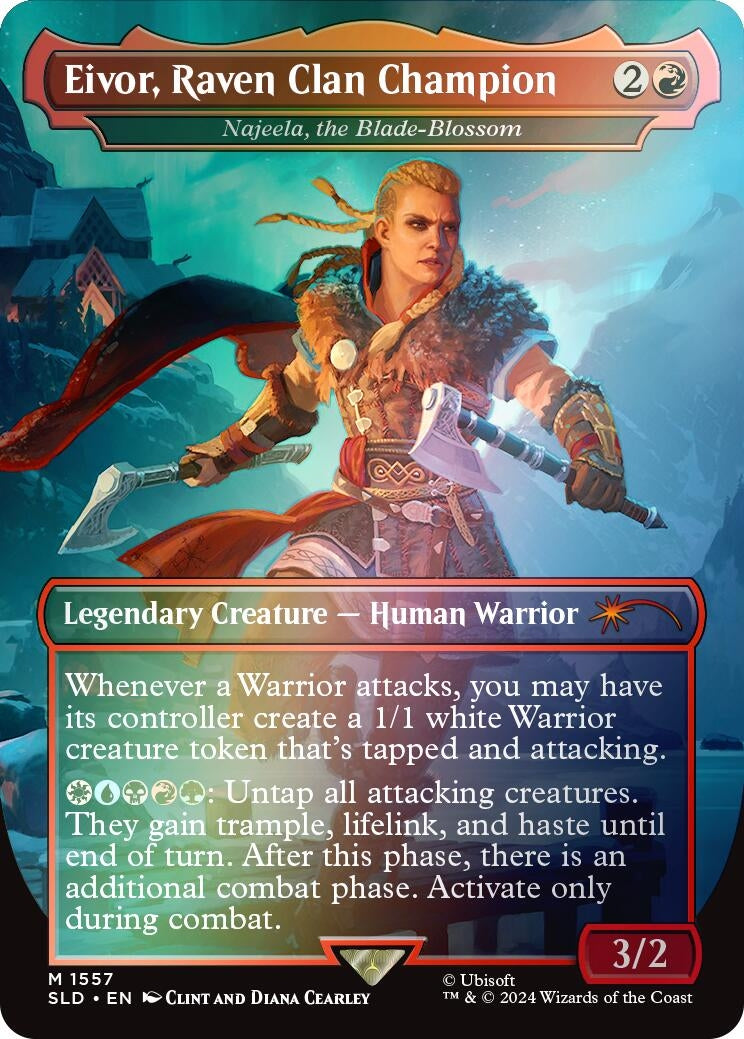 Image for Eivor, Raven Clan Champion - Najeela, the Blade-Blossom (Rainbow Foil) (1557) (Secret Lair Drop Series) - Magic: The Gathering