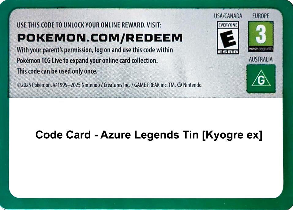 Code Card - Azure Legends Tin [Kyogre ex] (MCAP)